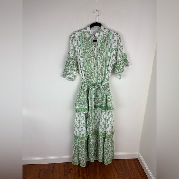 Sue Sartor Ibiza Triple Tier Hostess Maxi Dress Basil/Cardamom Size Large - Picture 6 of 12